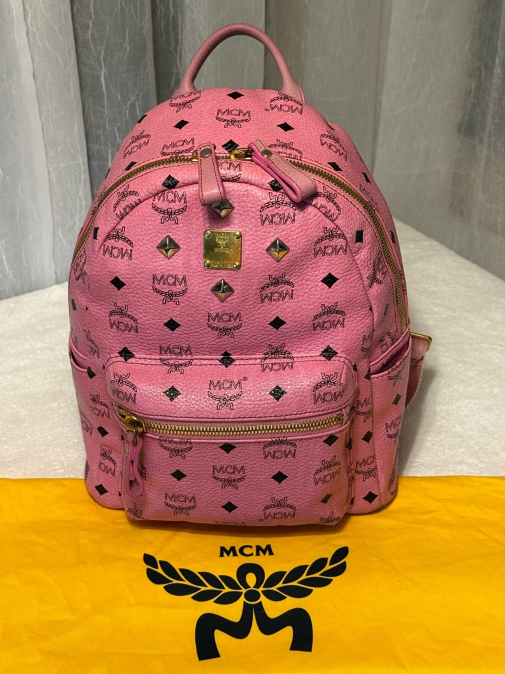 MCM Pink Leather Logo-Print Small Backpack with Gold Hardware